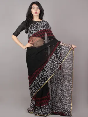 Black Maroon White Hand Block Printed Chiffon Saree - S031701695