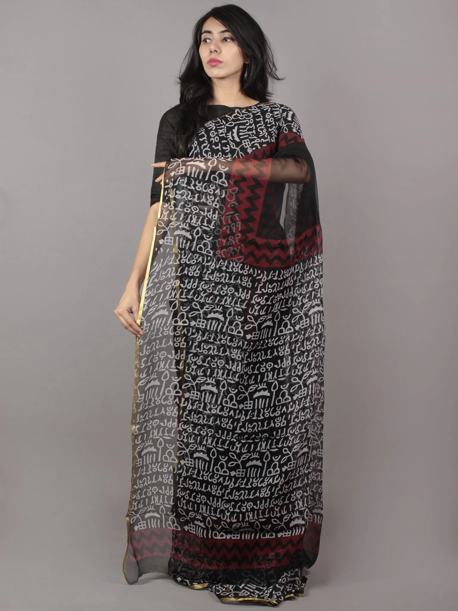 Black Maroon White Hand Block Printed Chiffon Saree - S031701695