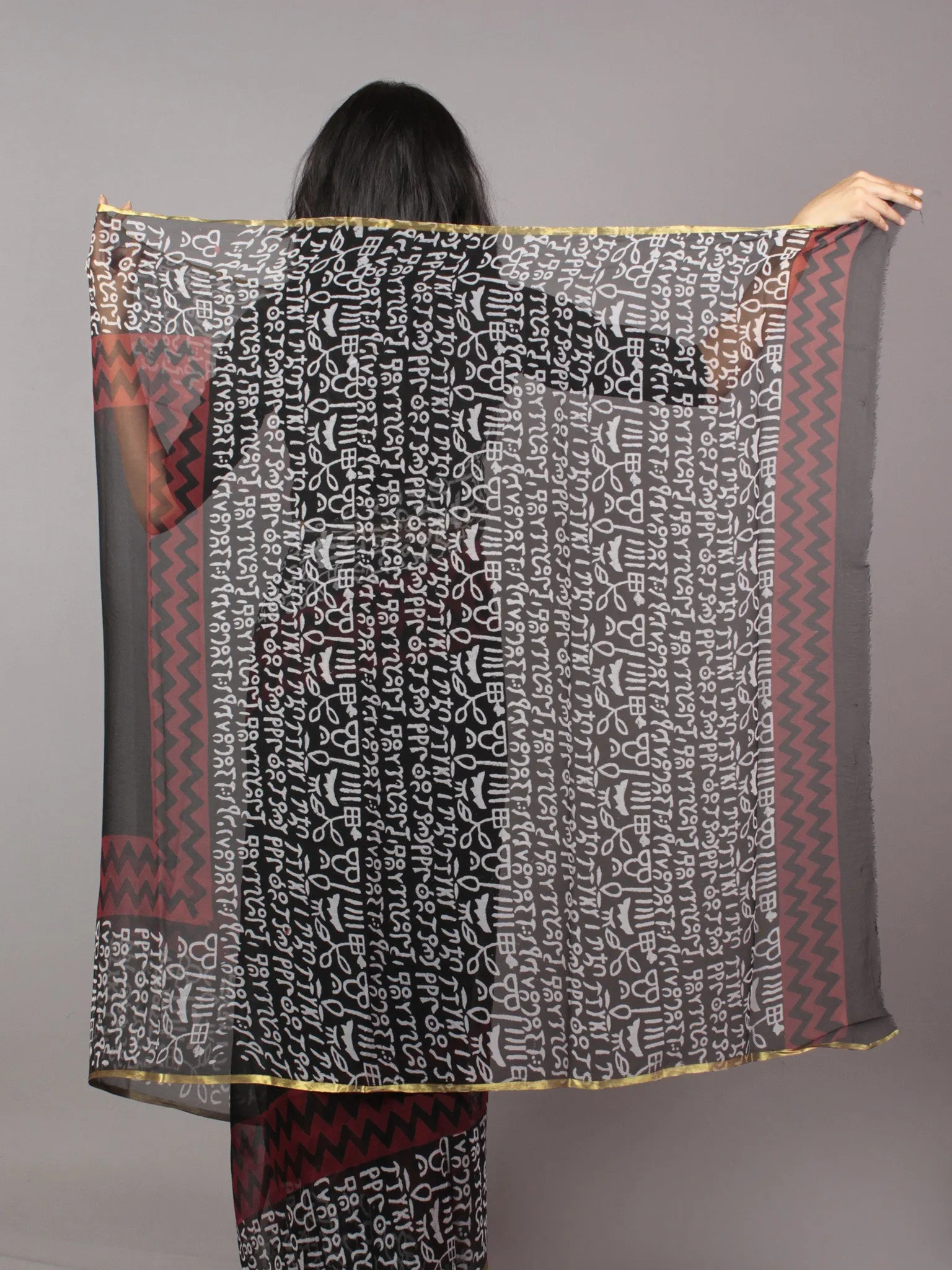 Black Maroon White Hand Block Printed Chiffon Saree - S031701695