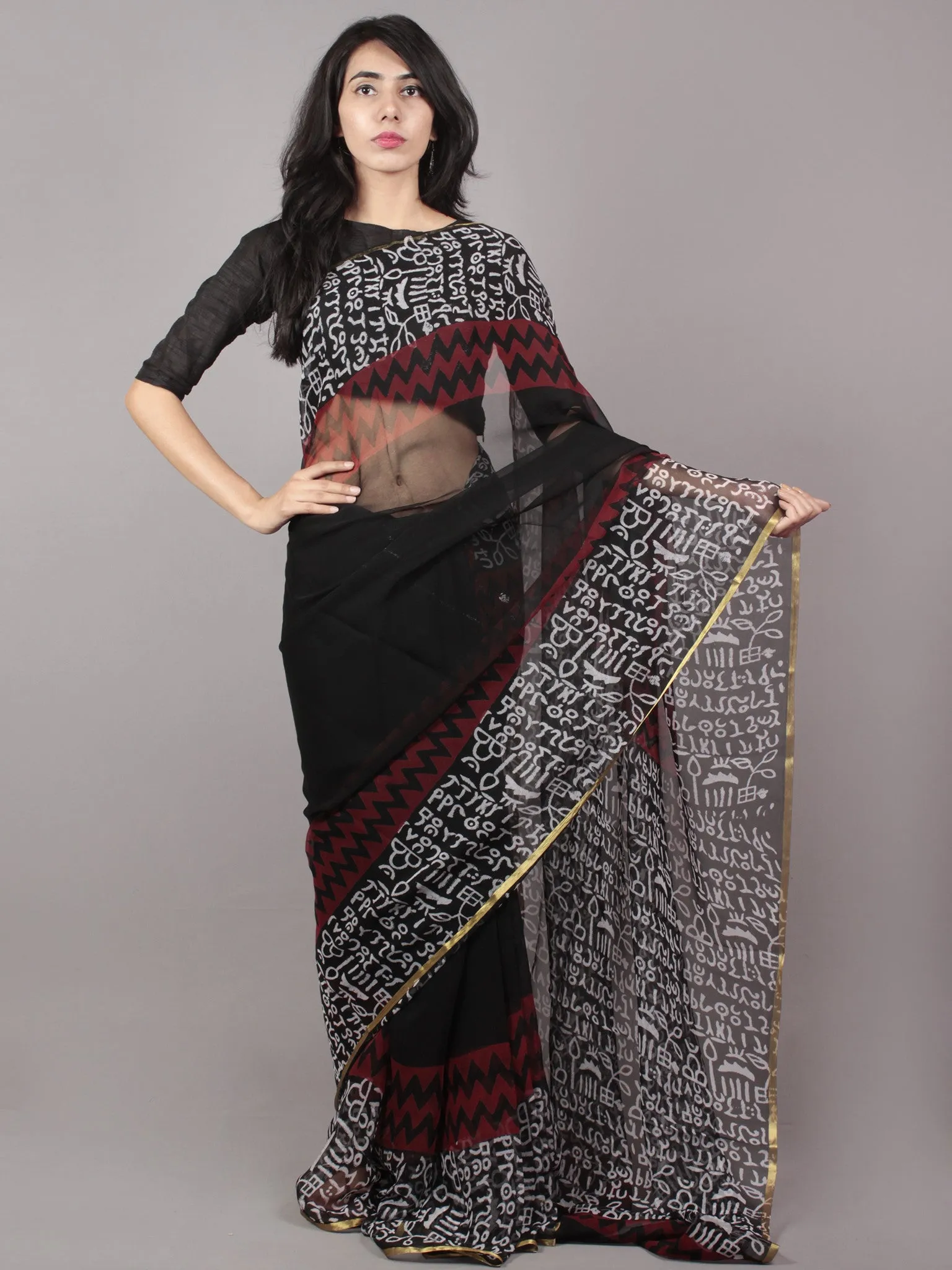 Black Maroon White Hand Block Printed Chiffon Saree - S031701695
