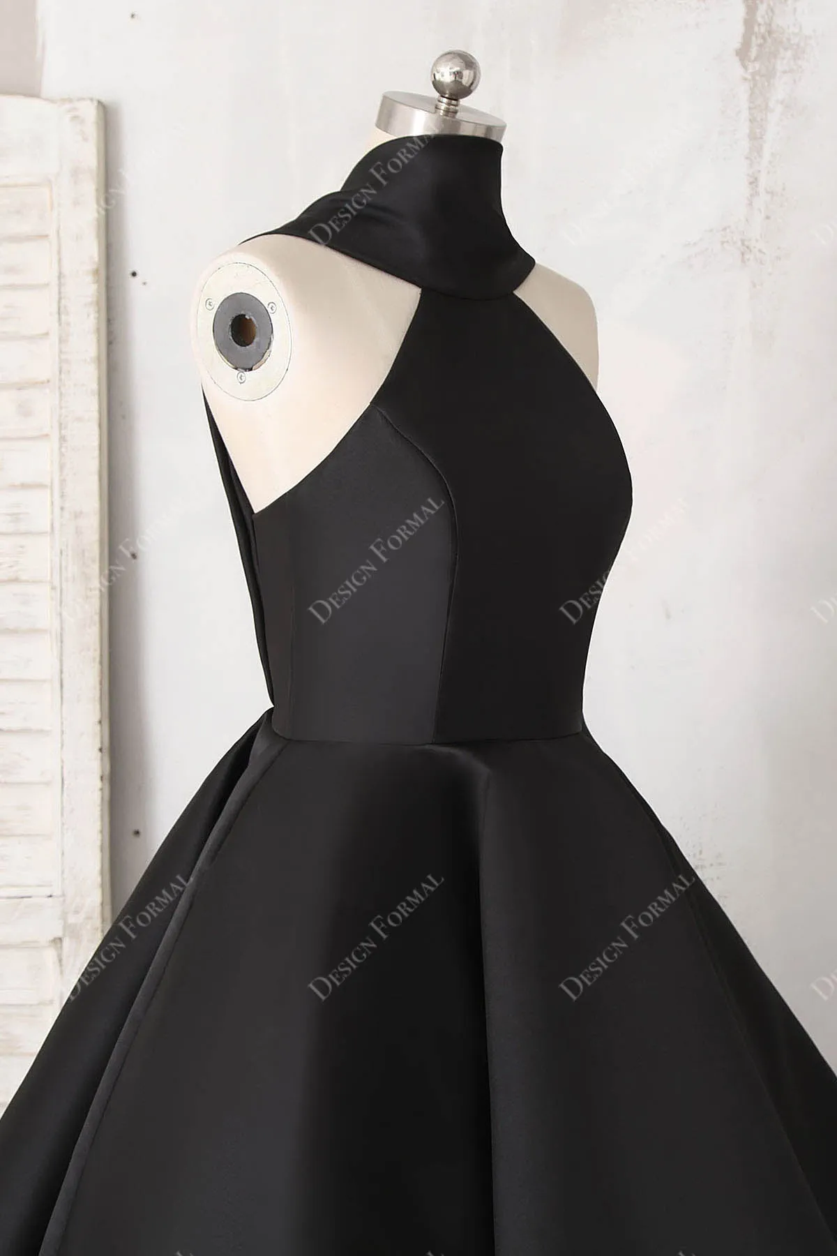 Black Satin Halter Neck Sleeveless Bowknot Tea Length Classic Dress