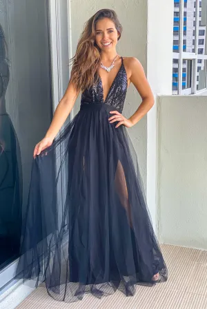Black Tulle Maxi Dress with Sequin Top