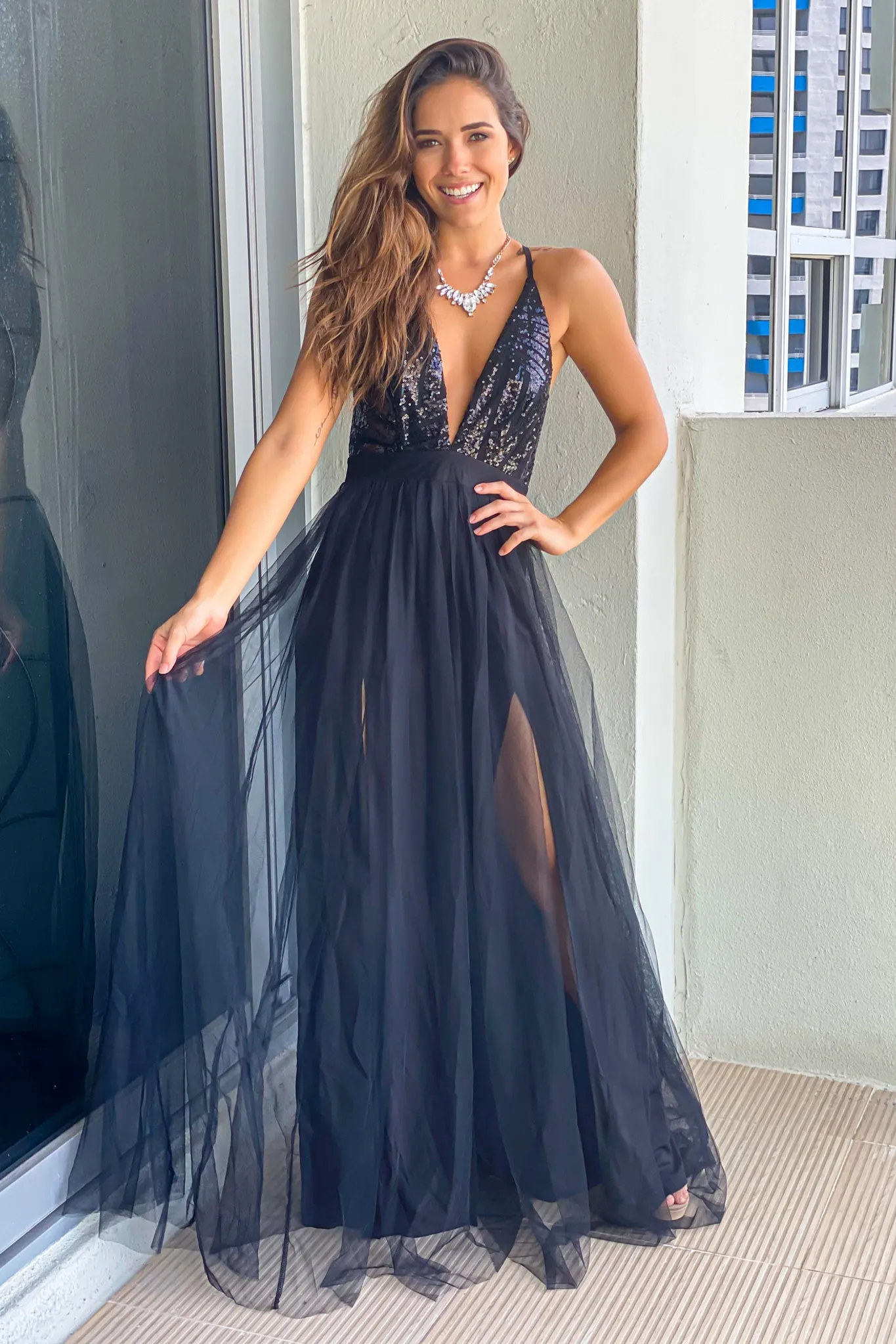 Black Tulle Maxi Dress with Sequin Top