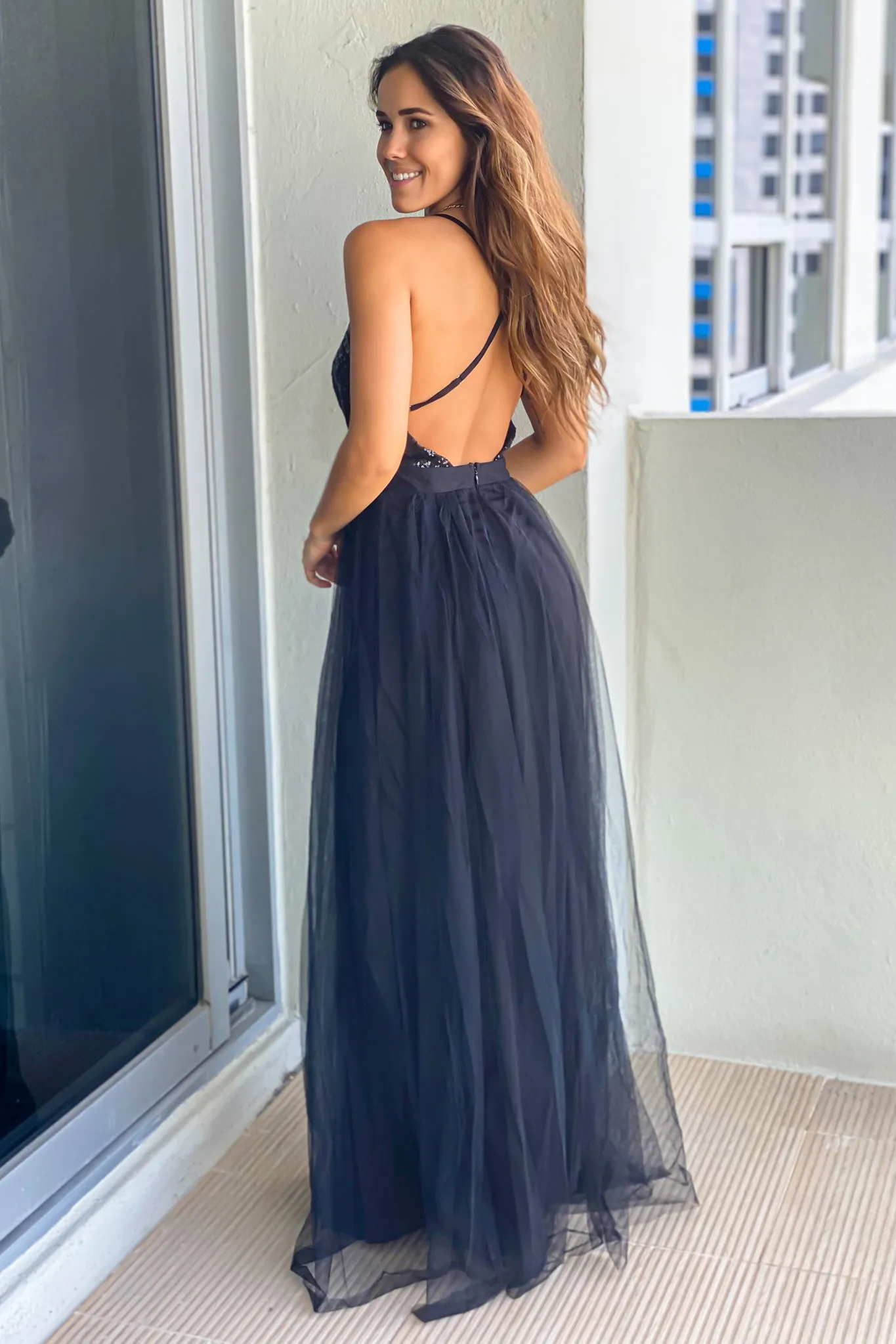 Black Tulle Maxi Dress with Sequin Top
