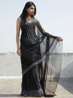 Black White Red Hand Block Printed Chiffon Saree - S031702318