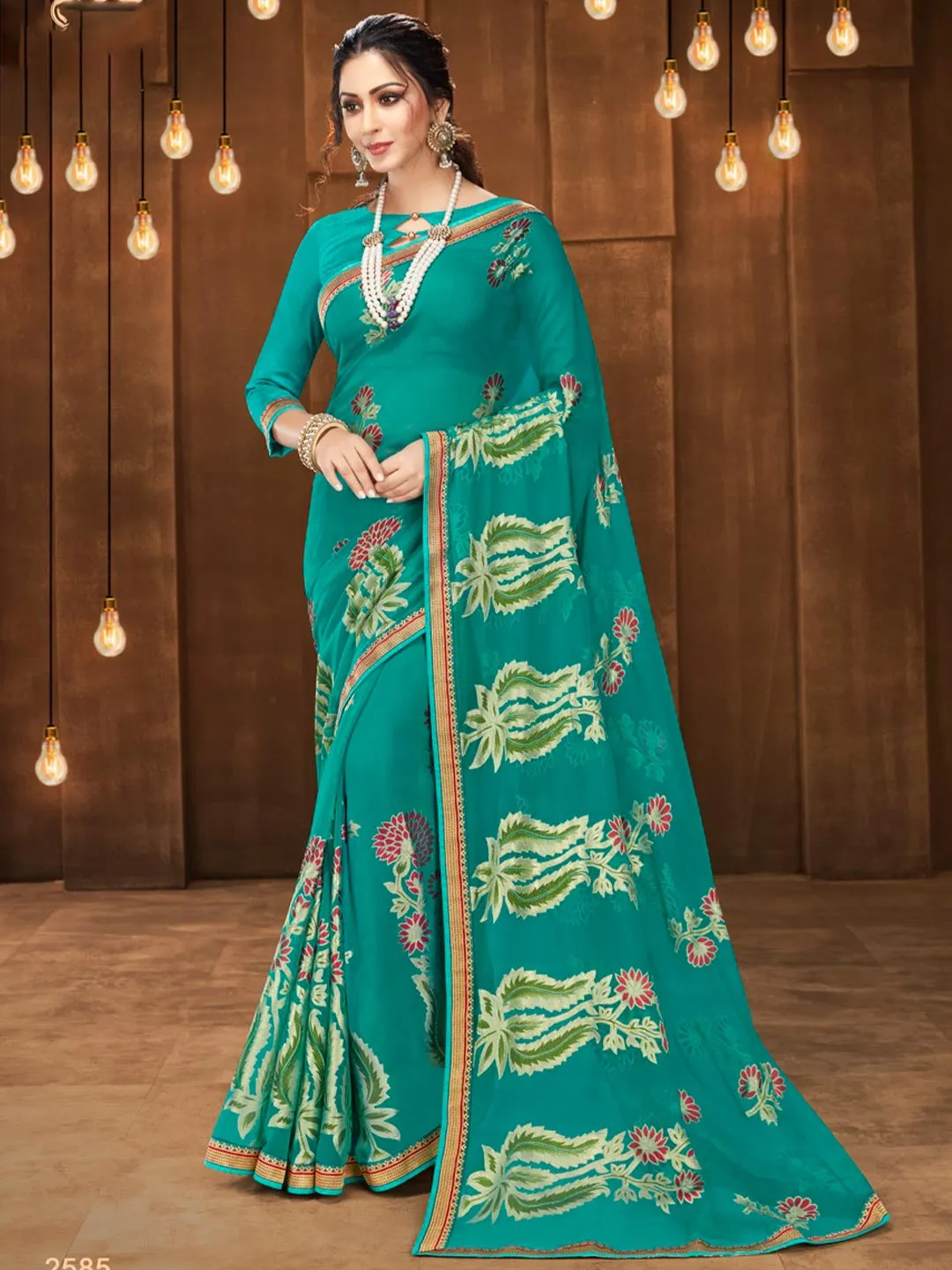 Blue Designer Chiffon Saree For Women With Blouse
