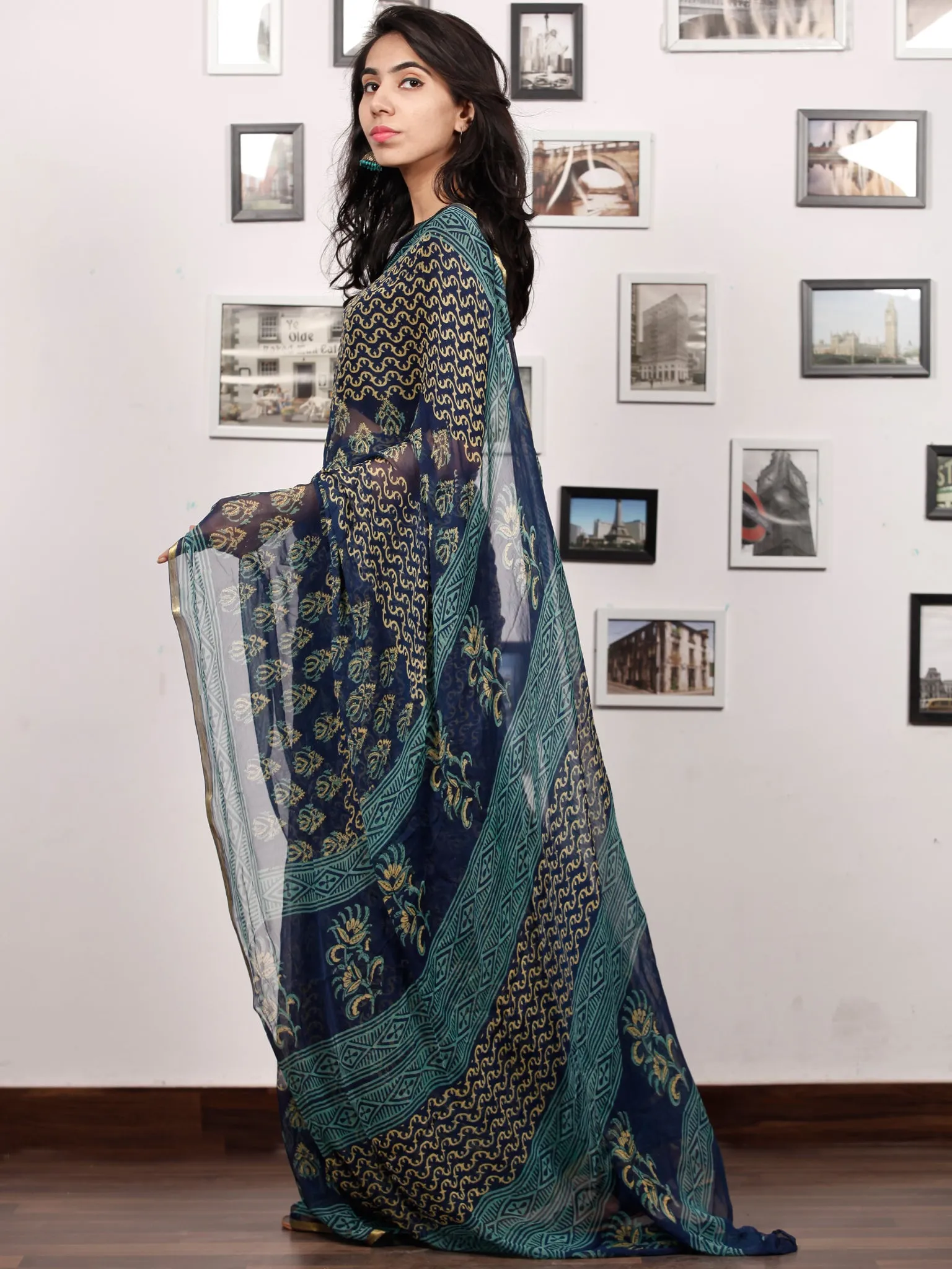 Blue Yellow Green Hand Block Printed Chiffon Saree with Zari Border - S031703507