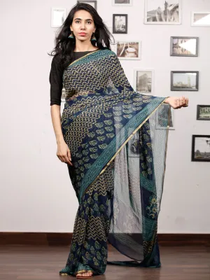 Blue Yellow Green Hand Block Printed Chiffon Saree with Zari Border - S031703507