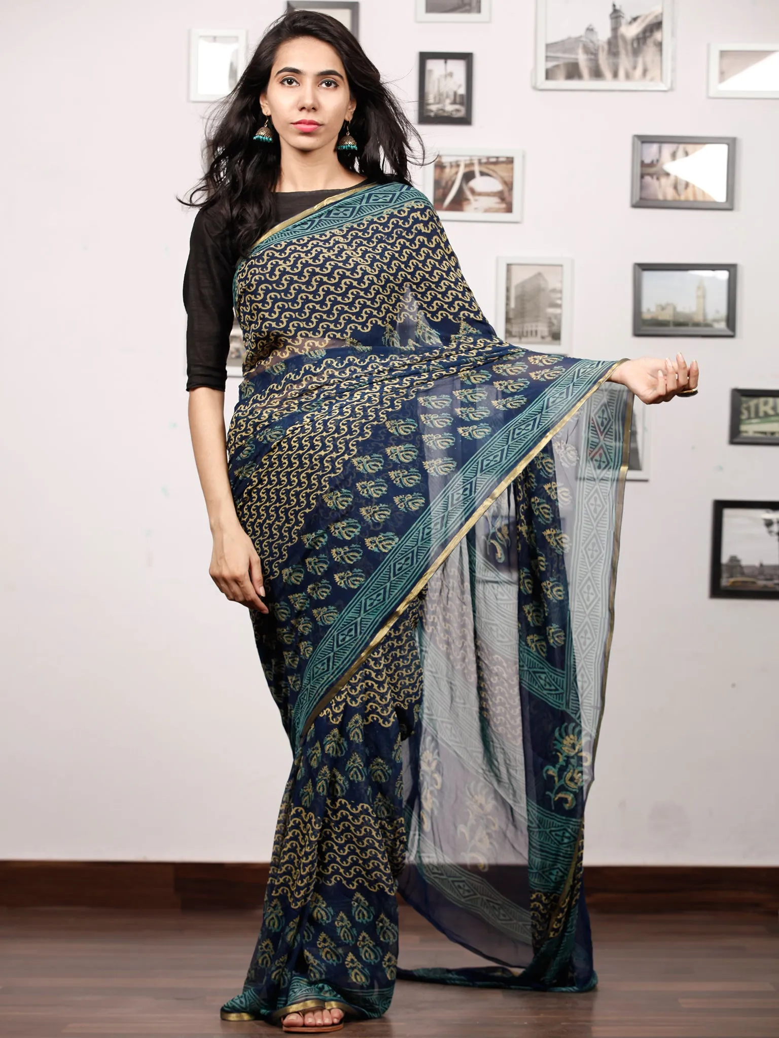 Blue Yellow Green Hand Block Printed Chiffon Saree with Zari Border - S031703507