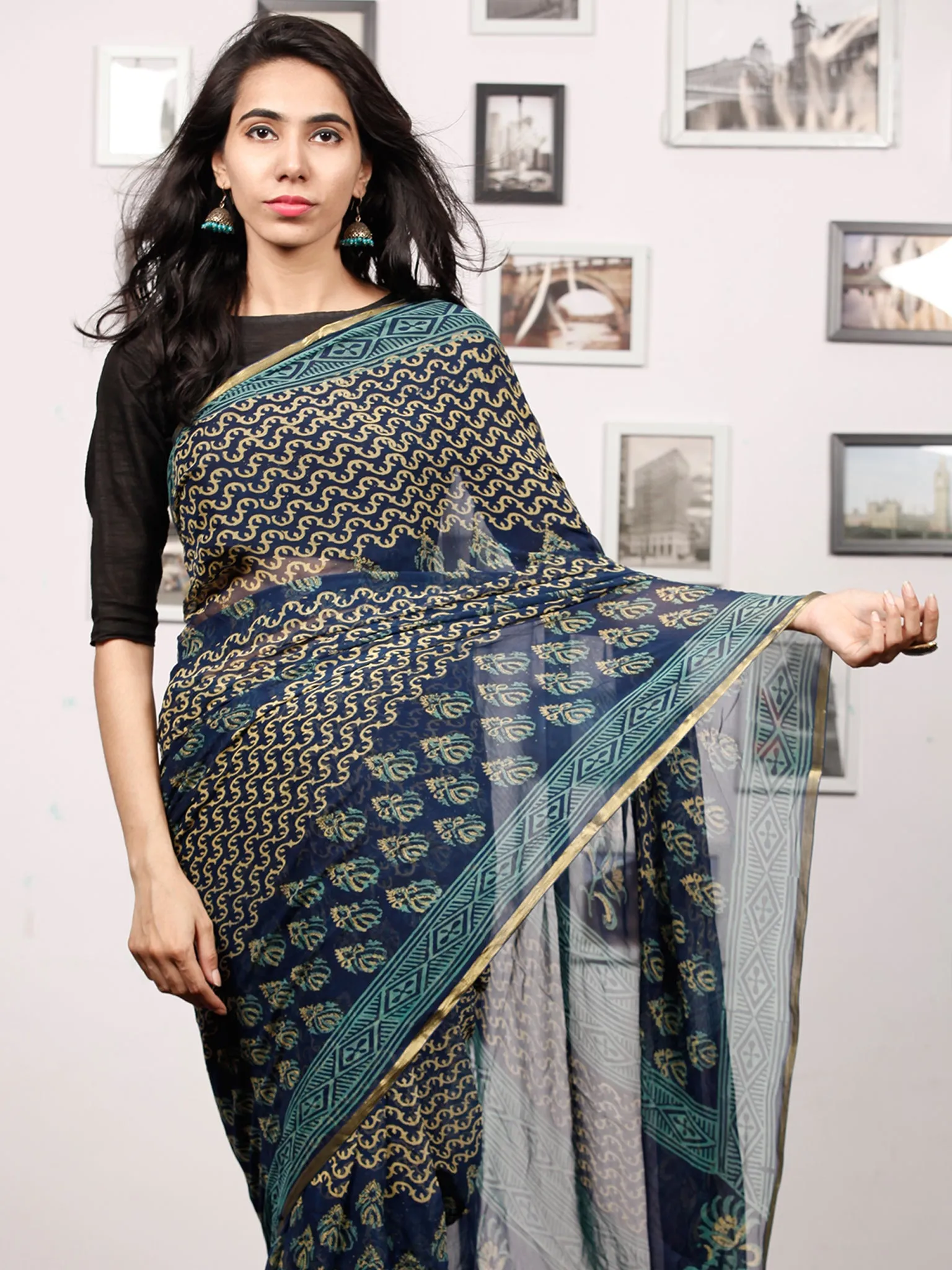Blue Yellow Green Hand Block Printed Chiffon Saree with Zari Border - S031703507