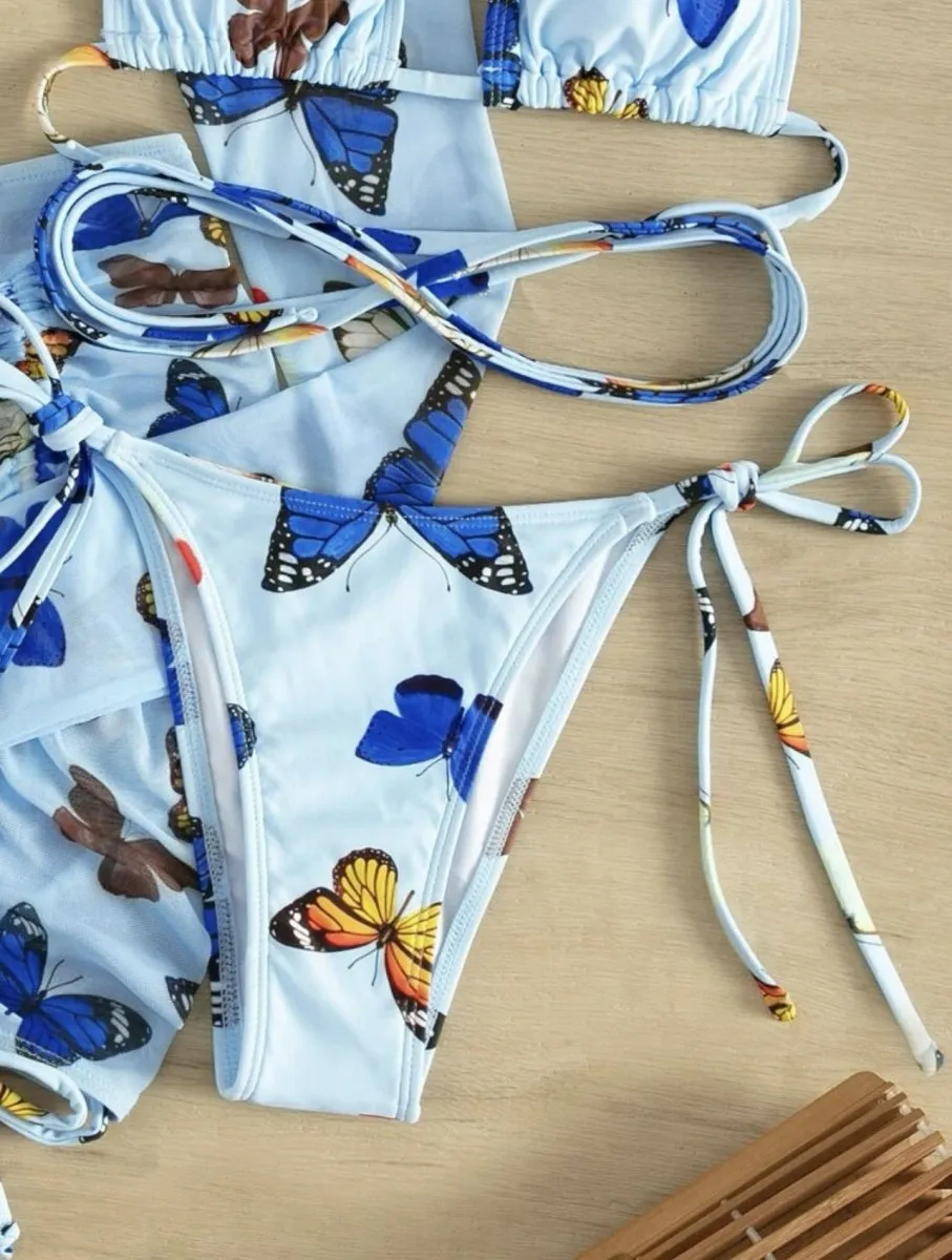 Butterfly Print Drawstring Sexy  Bikini Set
