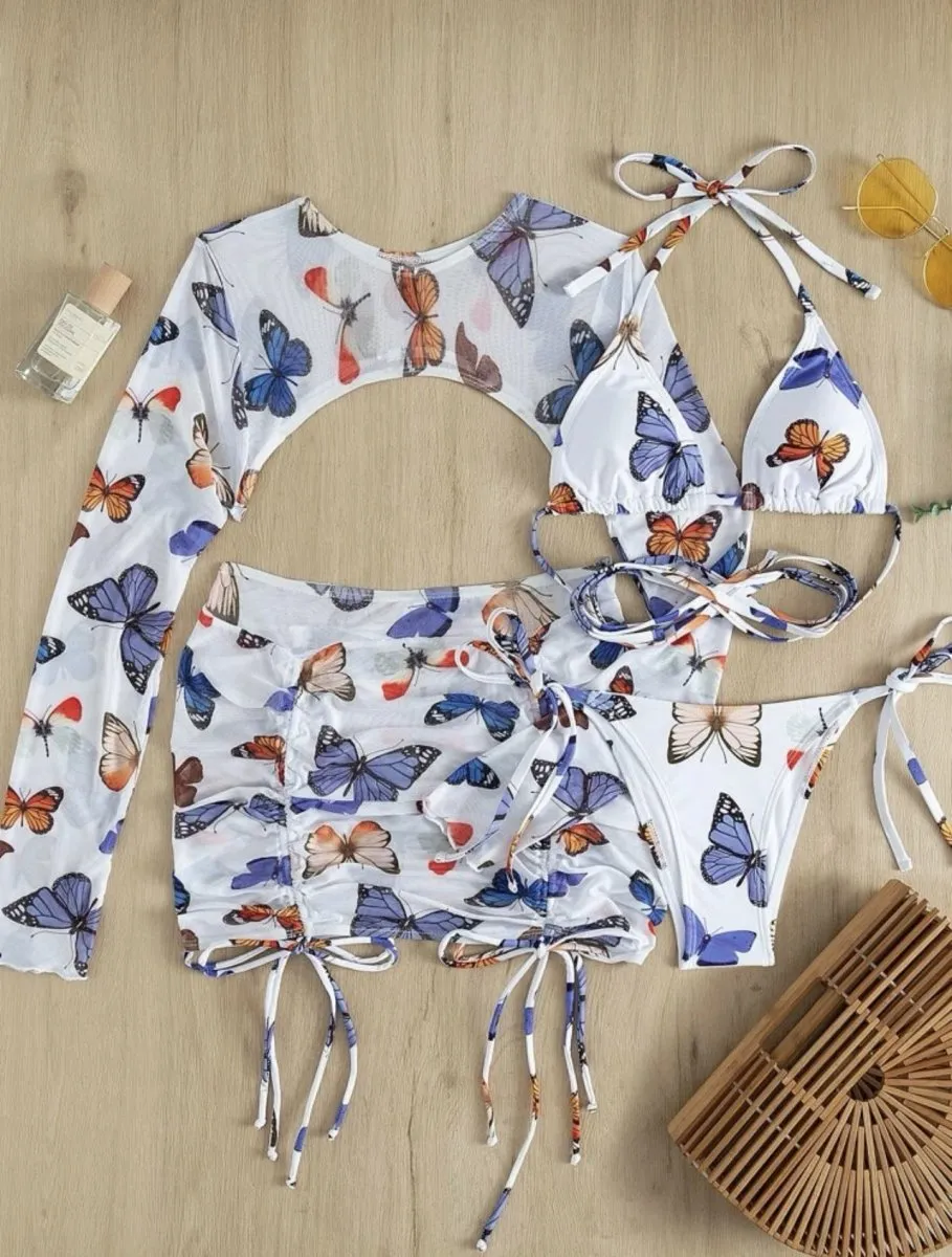Butterfly Print Drawstring Sexy  Bikini Set