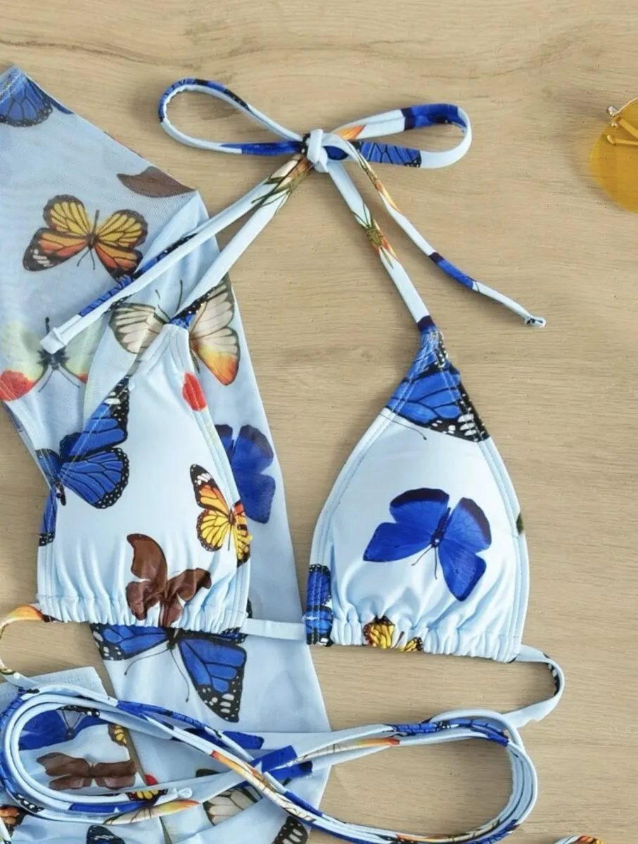 Butterfly Print Drawstring Sexy  Bikini Set
