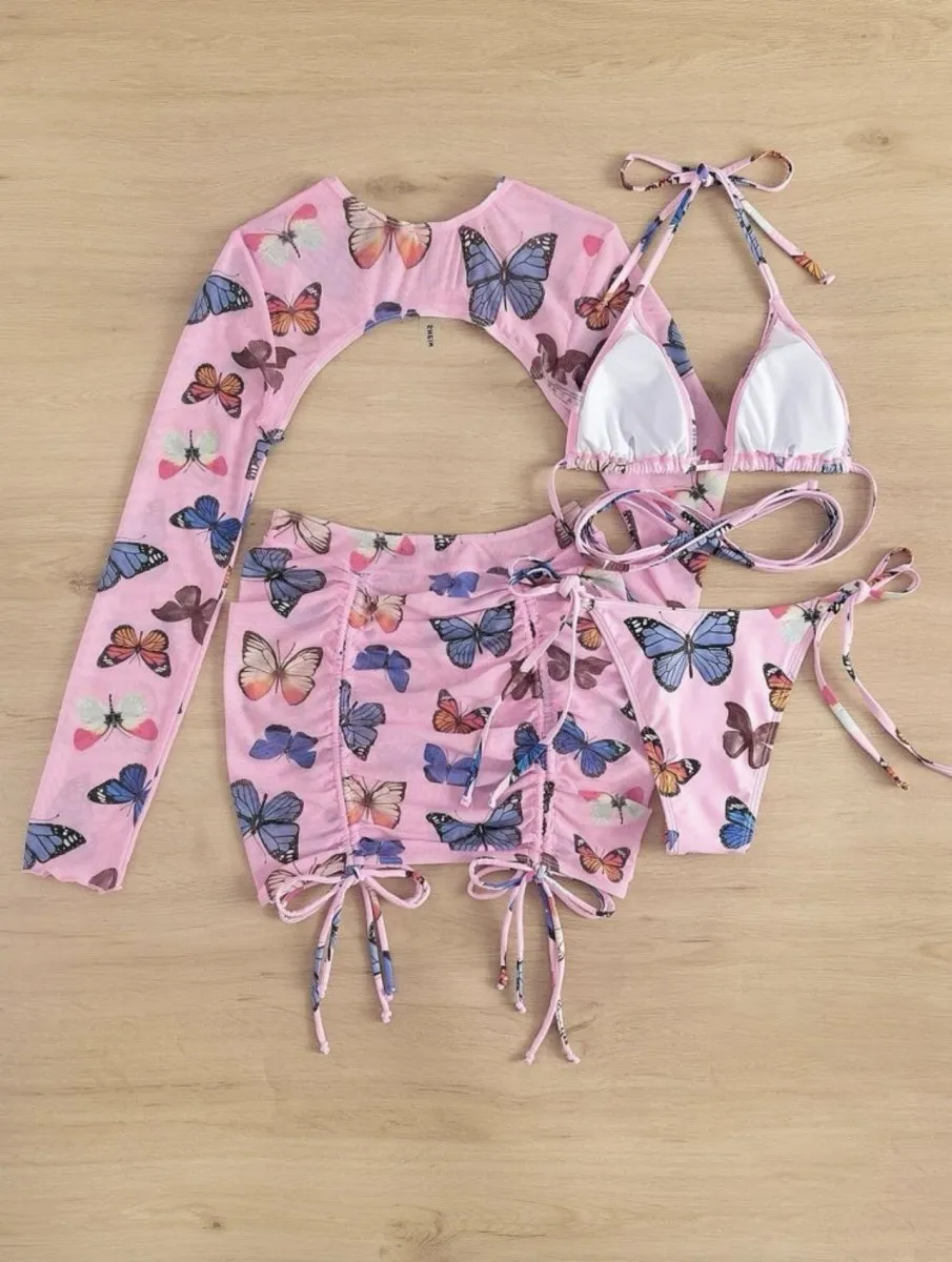 Butterfly Print Drawstring Sexy  Bikini Set