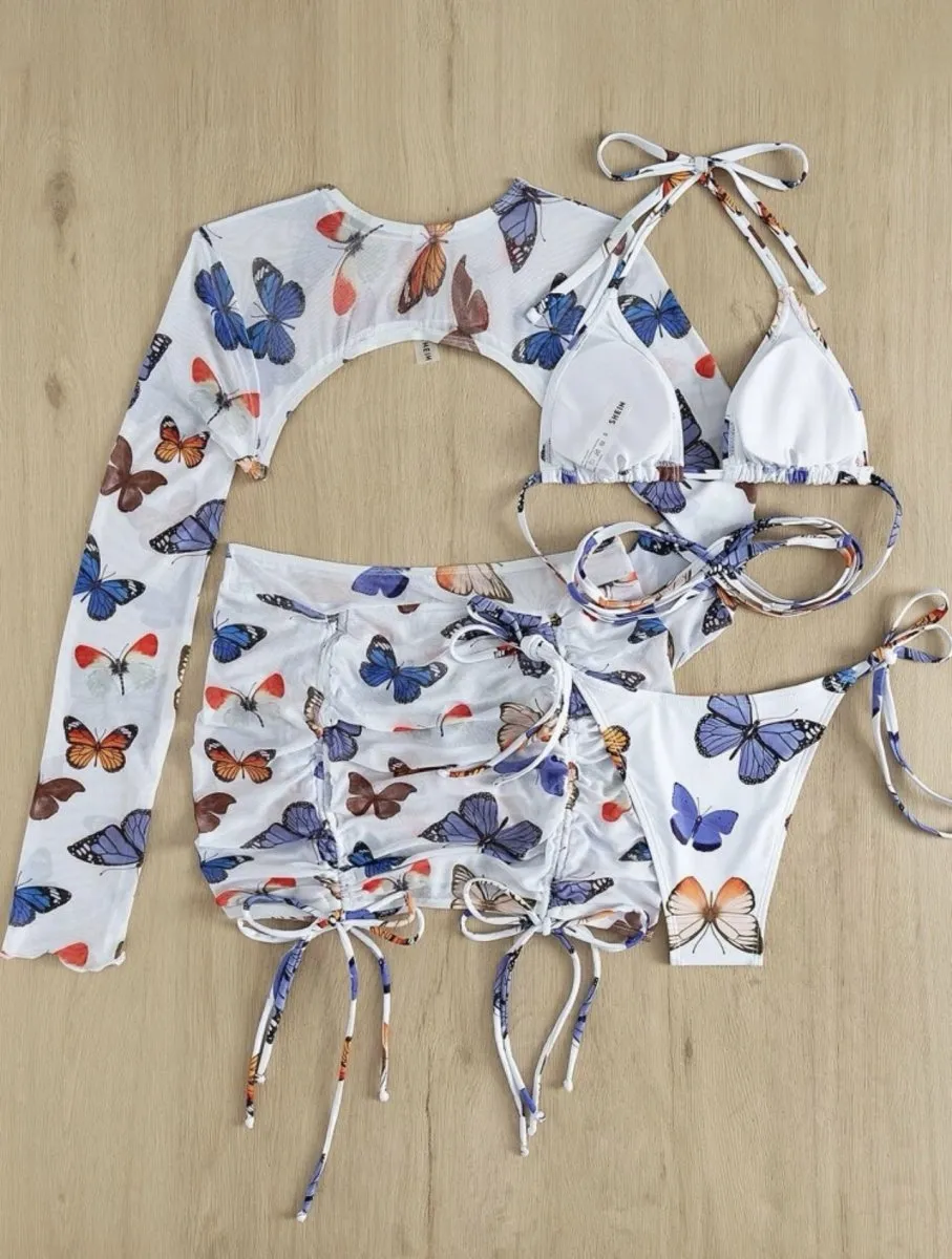 Butterfly Print Drawstring Sexy  Bikini Set