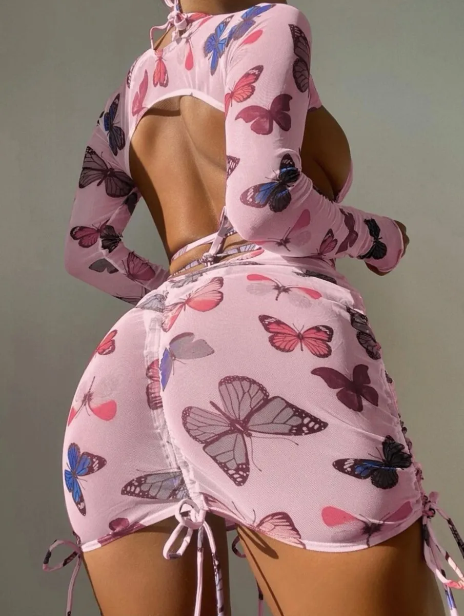 Butterfly Print Drawstring Sexy  Bikini Set