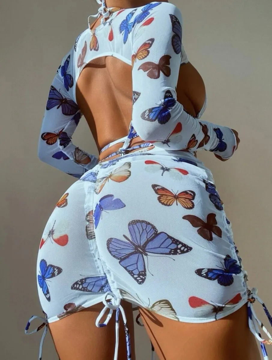 Butterfly Print Drawstring Sexy  Bikini Set