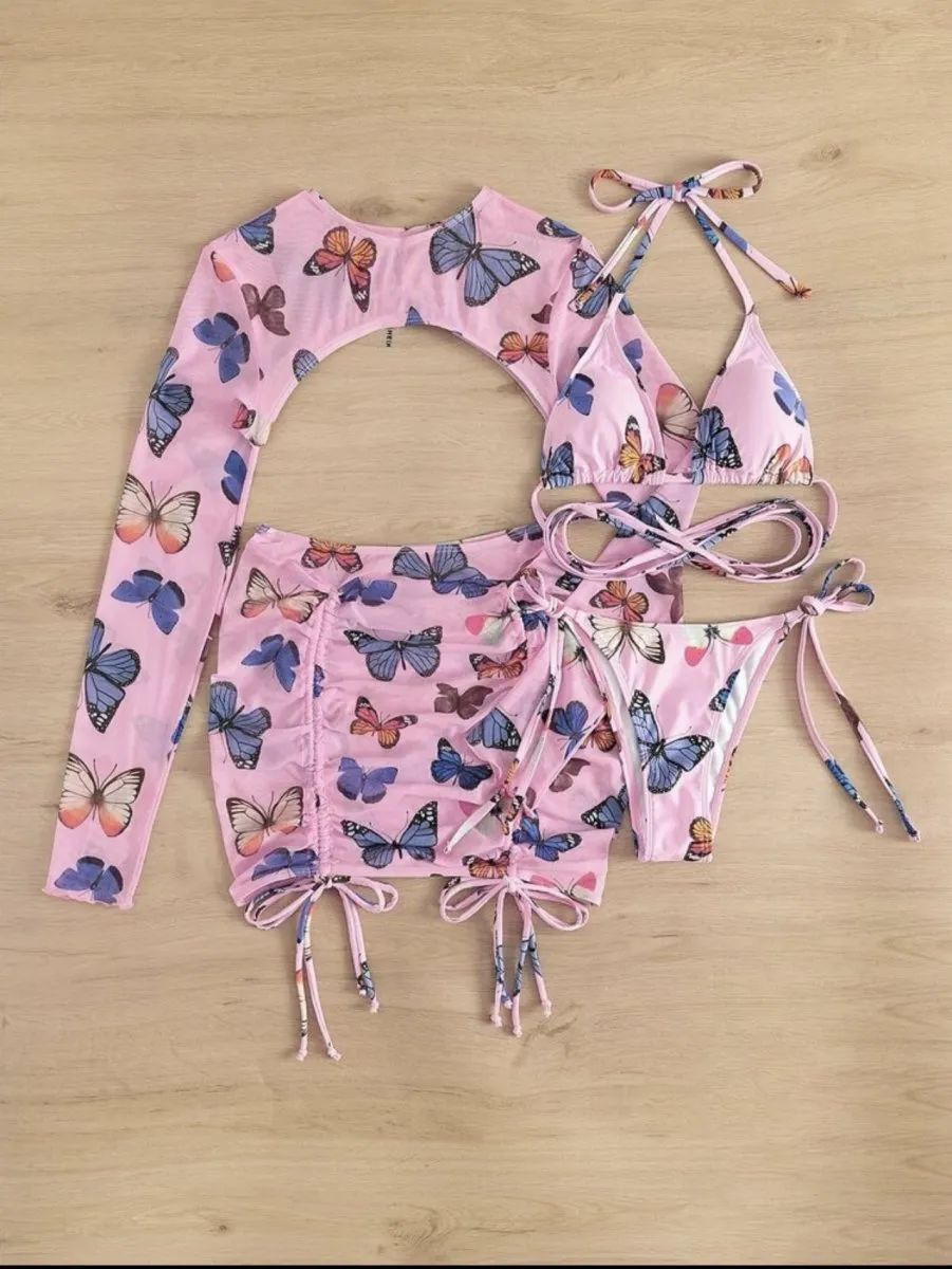 Butterfly Print Drawstring Sexy  Bikini Set