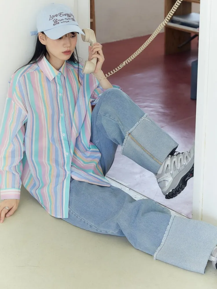 Candy Striped Boyfriend Style Shirt【s0000003581】