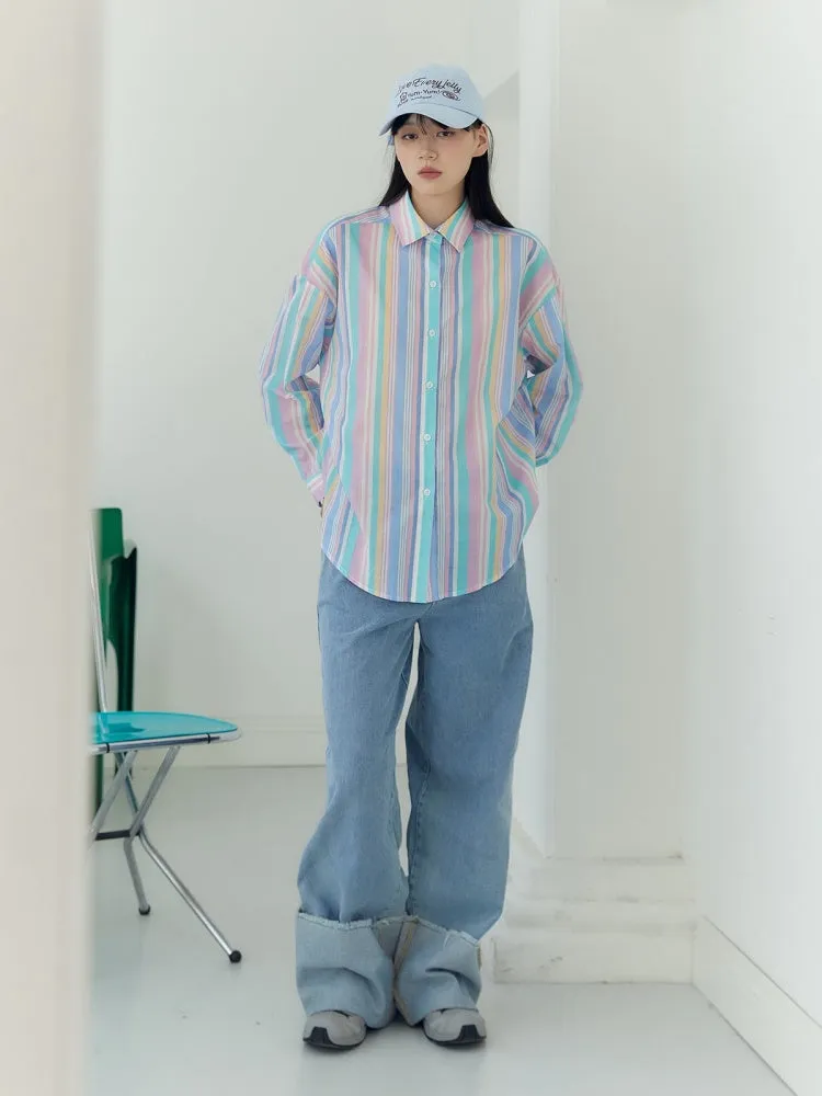 Candy Striped Boyfriend Style Shirt【s0000003581】