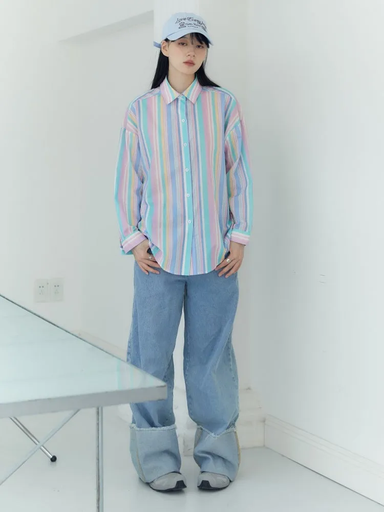 Candy Striped Boyfriend Style Shirt【s0000003581】