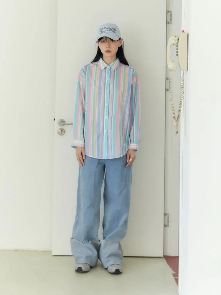 Candy Striped Boyfriend Style Shirt【s0000003581】
