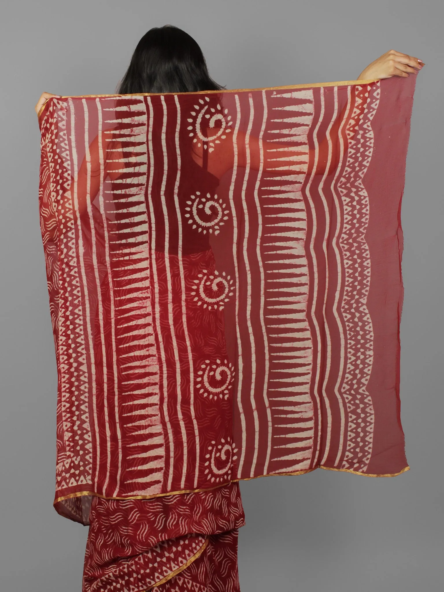 Cherry Red Ivory Hand Block Printed Chiffon Saree - S031702079