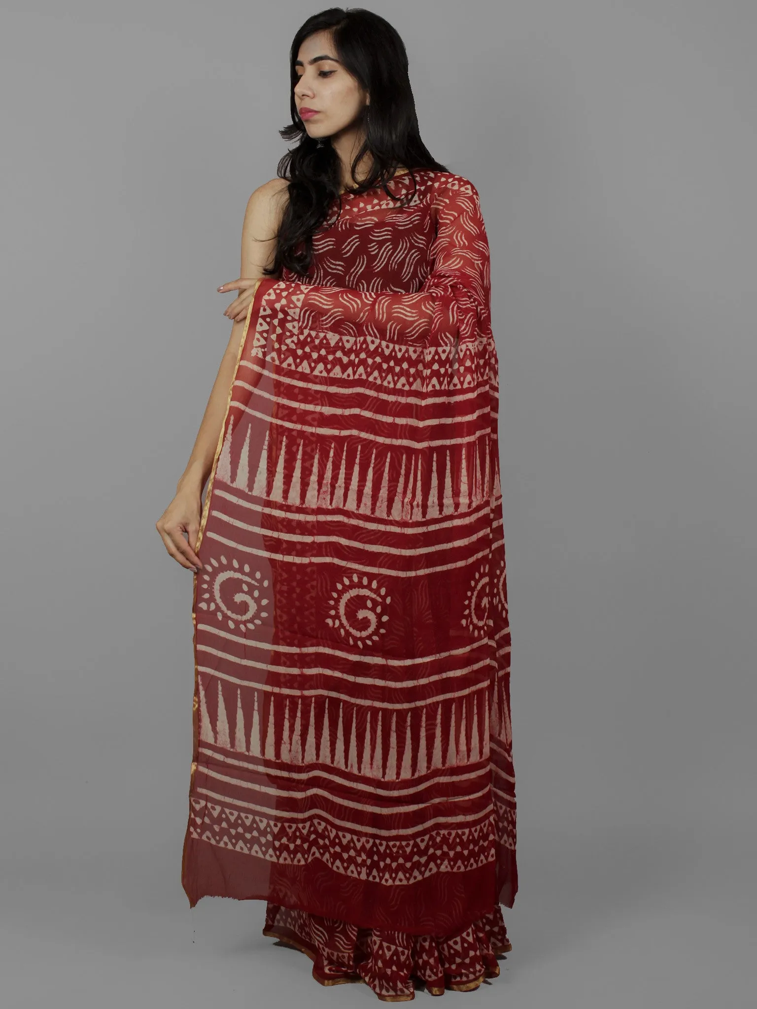 Cherry Red Ivory Hand Block Printed Chiffon Saree - S031702079