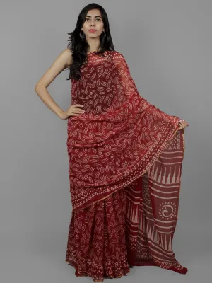 Cherry Red Ivory Hand Block Printed Chiffon Saree - S031702079
