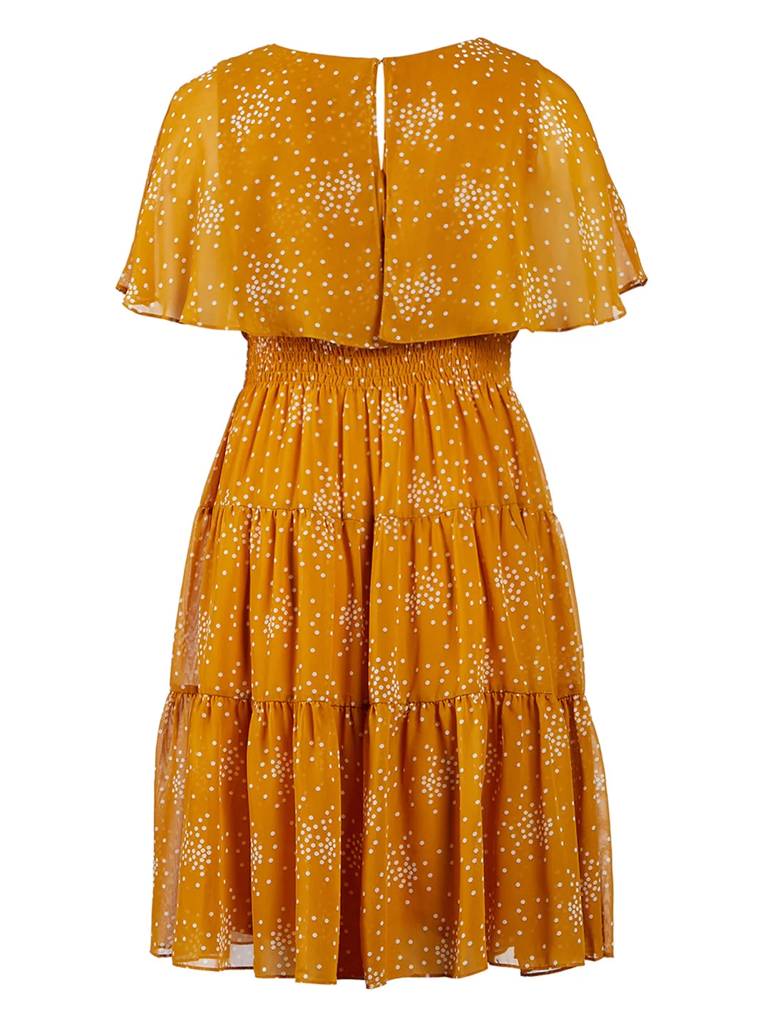 Chiffon Smocked Waist Mustard Fit-And-Flare Tiered Dress