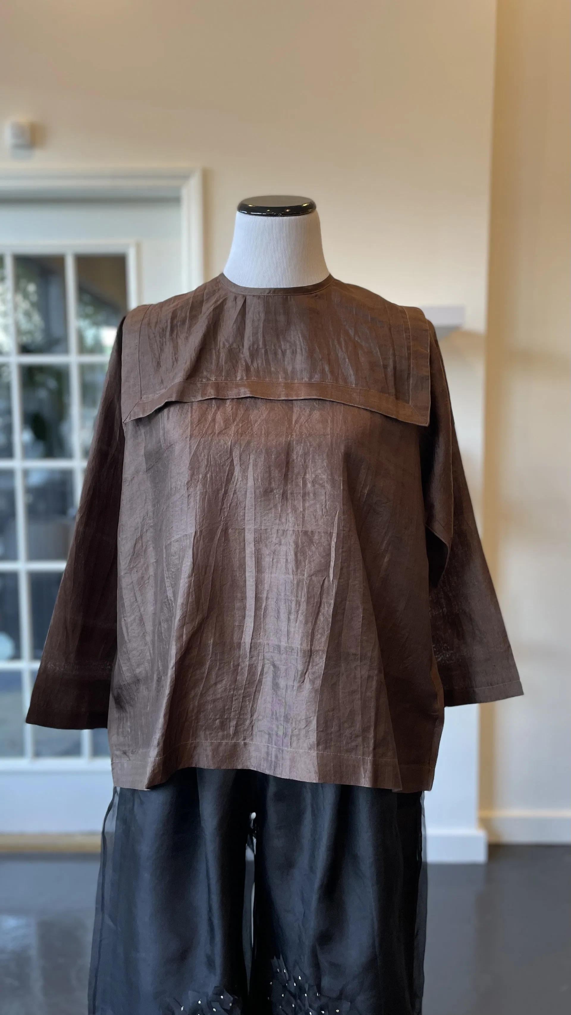 Chocolate Brown Silk Blouse with Sailor Collar