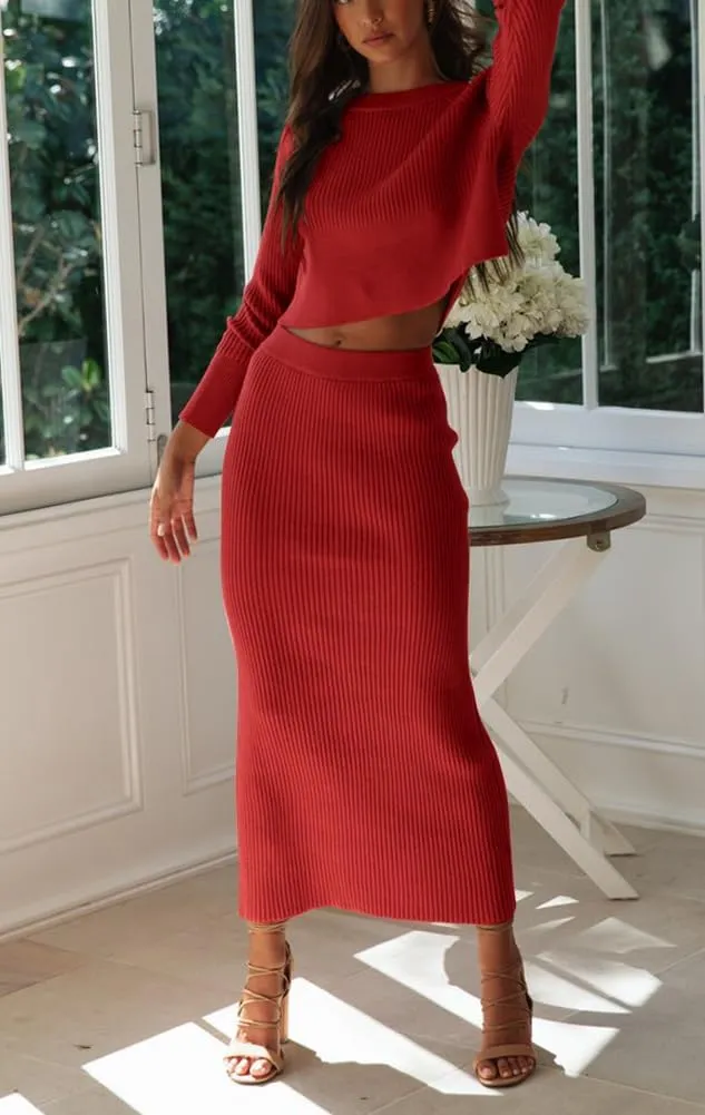 chouyatou Women's Ribbed Sweater Sets Crop Top and Maxi Bodycon Skirt Sets 2 Piece Outfits
