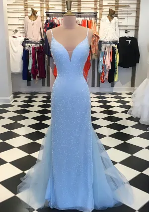 Column V Neck Sleeveless Sparkle Court Train Blue Lace Tulle Prom Dress, Fishtail