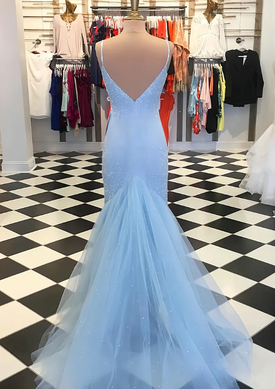 Column V Neck Sleeveless Sparkle Court Train Blue Lace Tulle Prom Dress, Fishtail