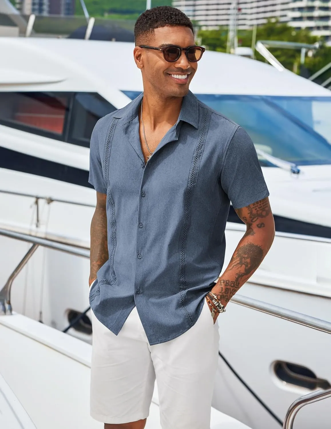 COOFANDY Men's Cuban Guayabera Shirts Casual Short Sleeve Button Down Shirt Summer Beach Vacation Shirt