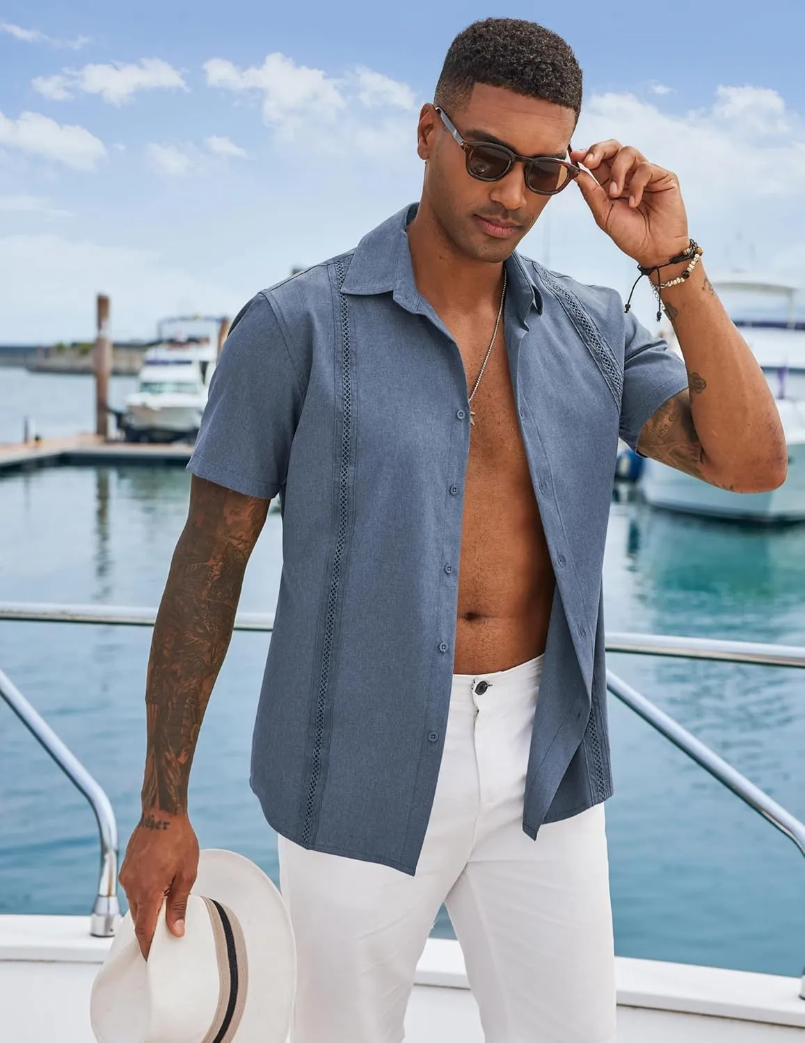 COOFANDY Men's Cuban Guayabera Shirts Casual Short Sleeve Button Down Shirt Summer Beach Vacation Shirt