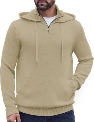 COOFANDY Mens Knitted Hoodie Sweater Long Sleeve Turtleneck Quarter Zip Pullover Sweaters with Pocket