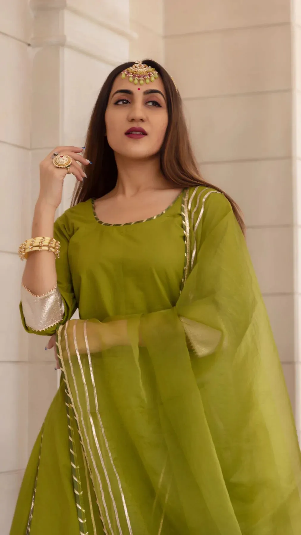 Cotton Solid Mehendi Green Kurta Skirt Set with Organza Dupatta