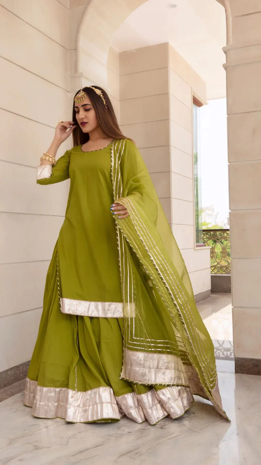 Cotton Solid Mehendi Green Kurta Skirt Set with Organza Dupatta