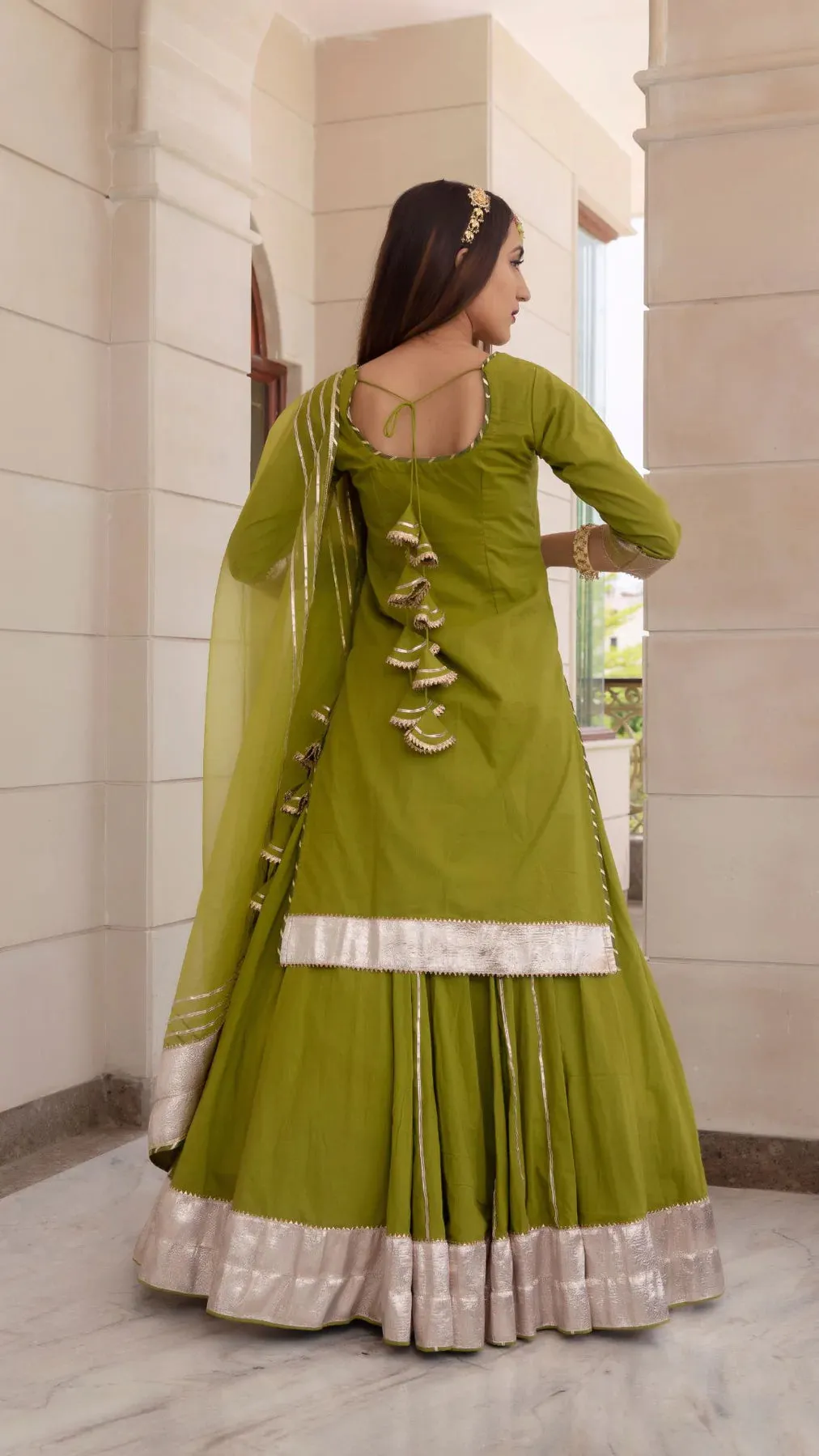 Cotton Solid Mehendi Green Kurta Skirt Set with Organza Dupatta