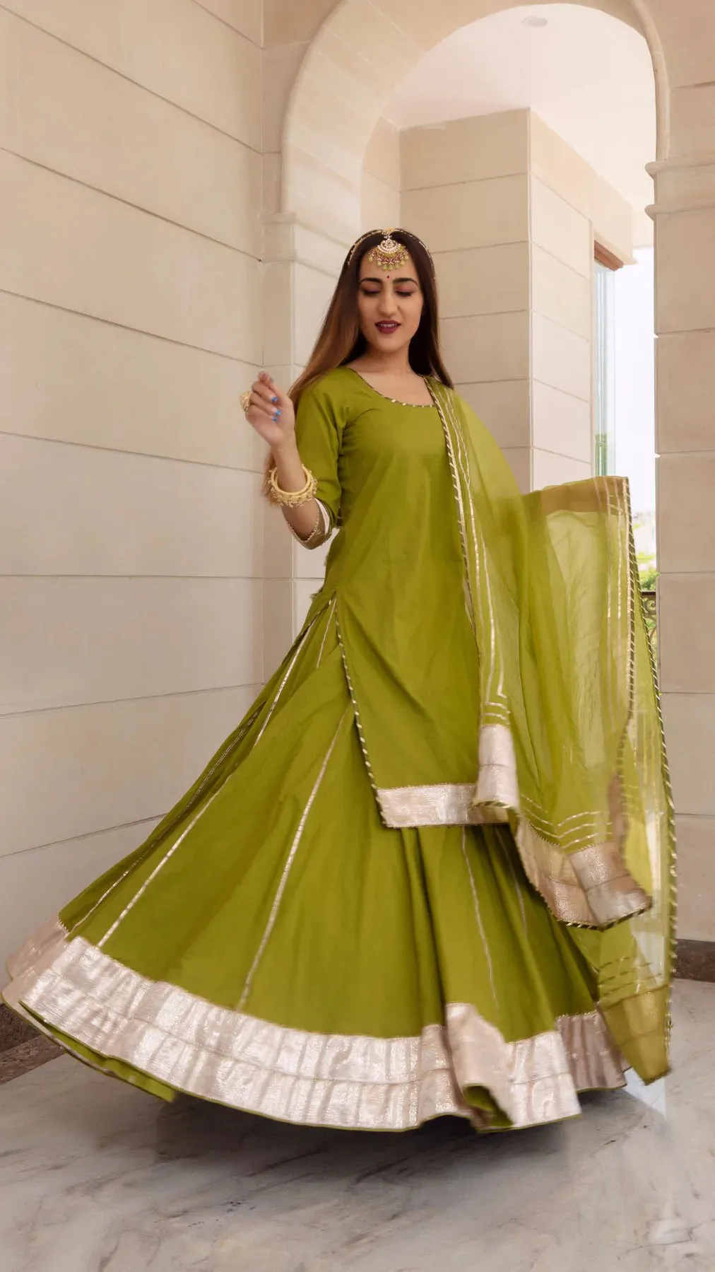 Cotton Solid Mehendi Green Kurta Skirt Set with Organza Dupatta