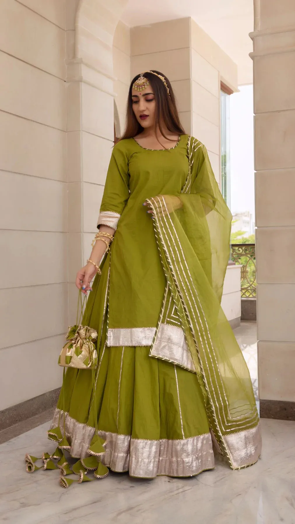 Cotton Solid Mehendi Green Kurta Skirt Set with Organza Dupatta