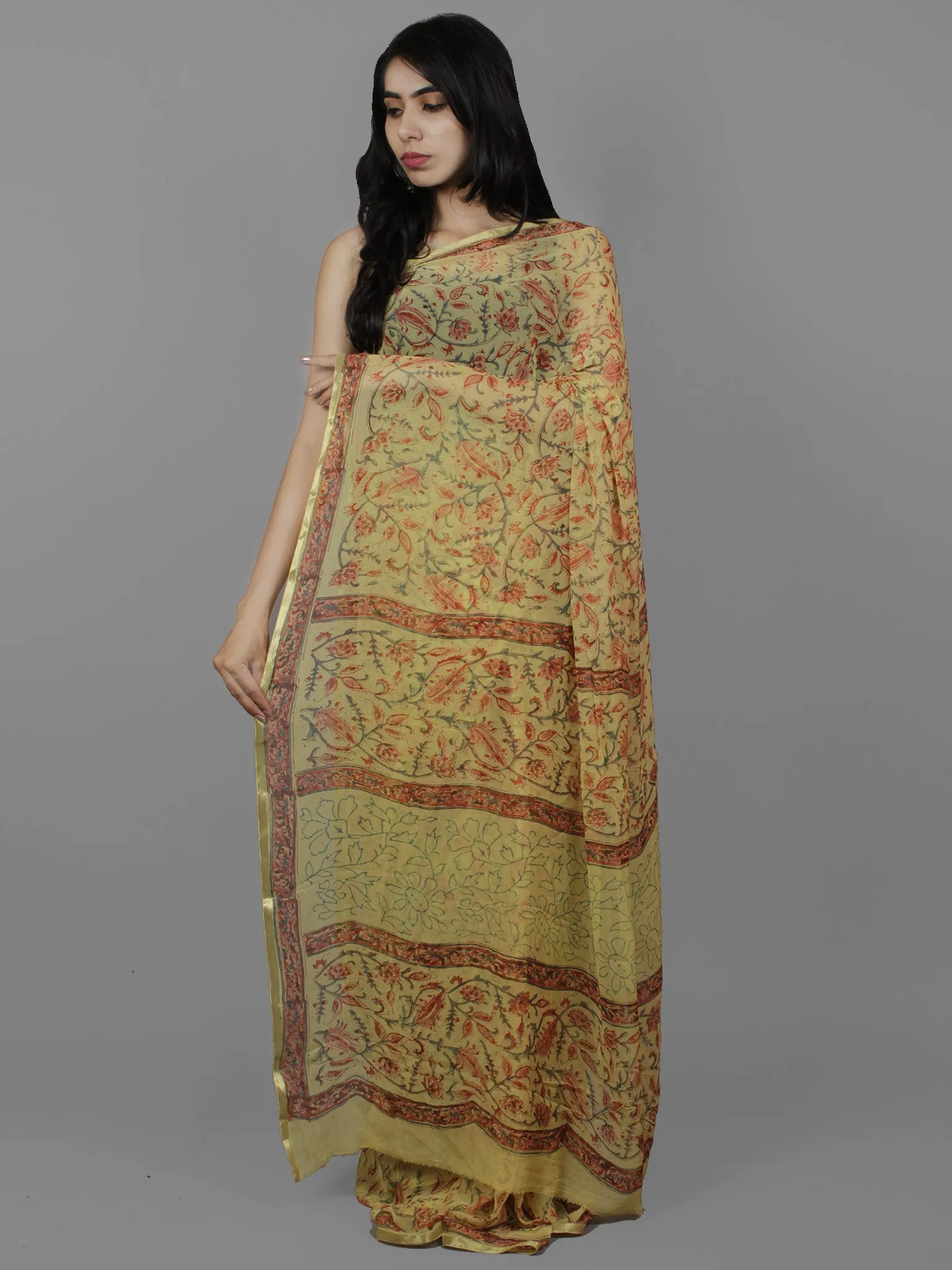 Cream Green Rust Maroon Hand Block Printed Chiffon Saree - S031702114