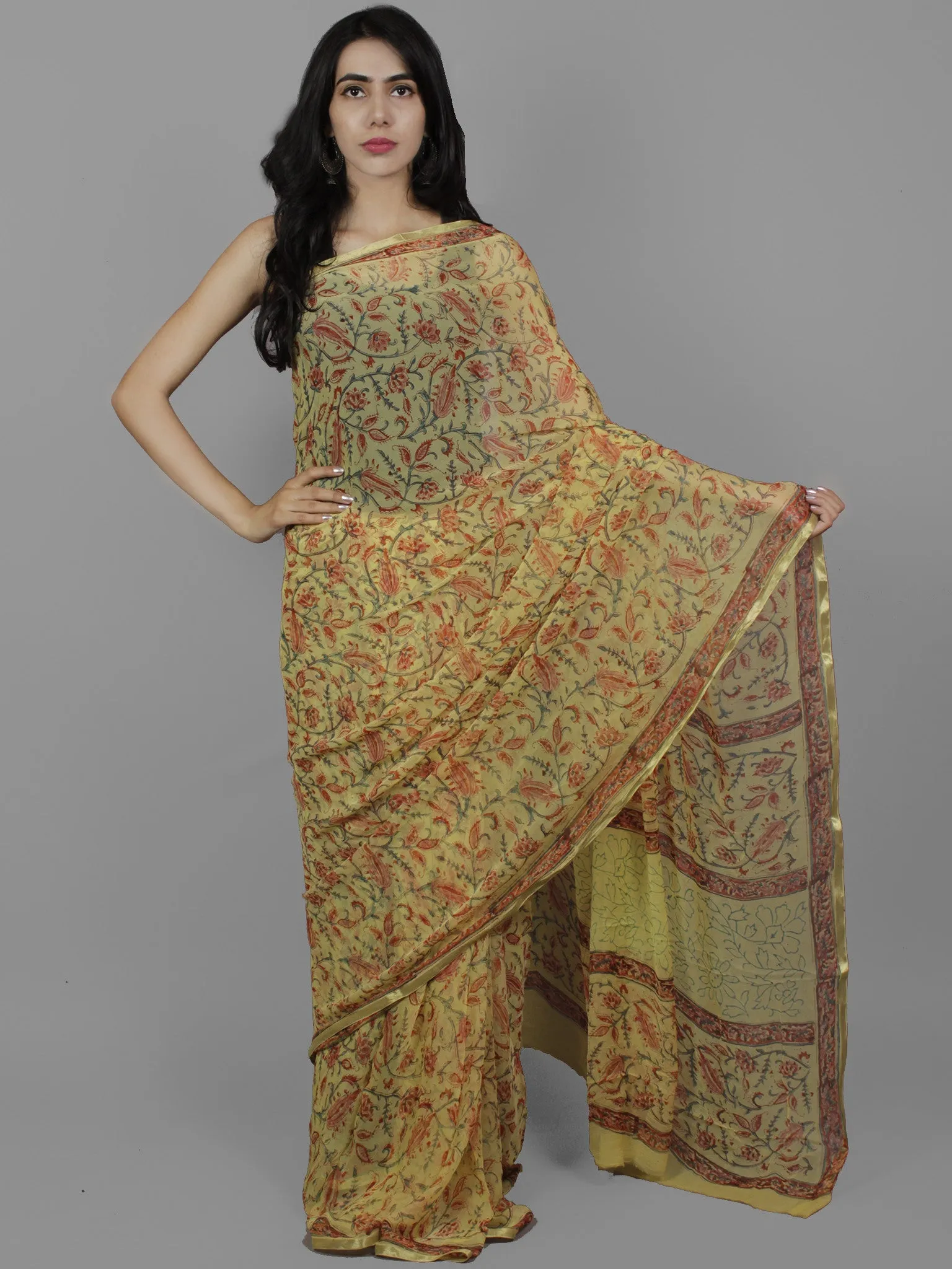 Cream Green Rust Maroon Hand Block Printed Chiffon Saree - S031702114