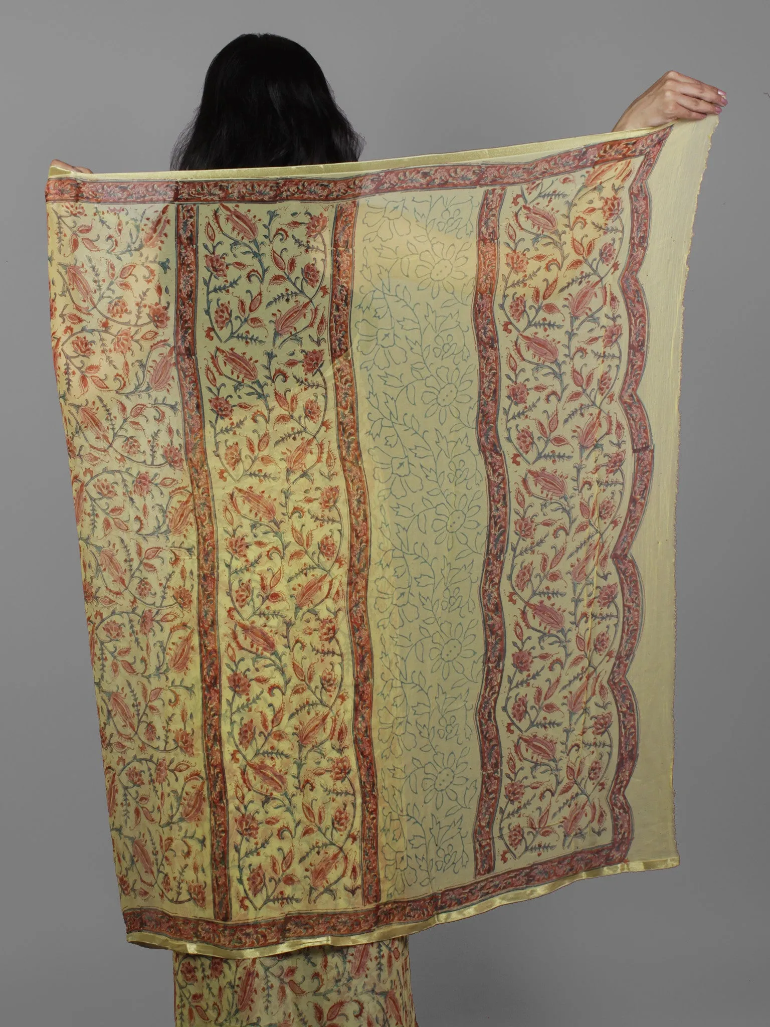 Cream Green Rust Maroon Hand Block Printed Chiffon Saree - S031702114
