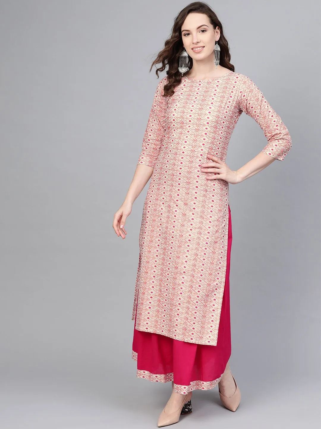 Cream Multi Colored Printed Straight Kurta With Magenta Skirt