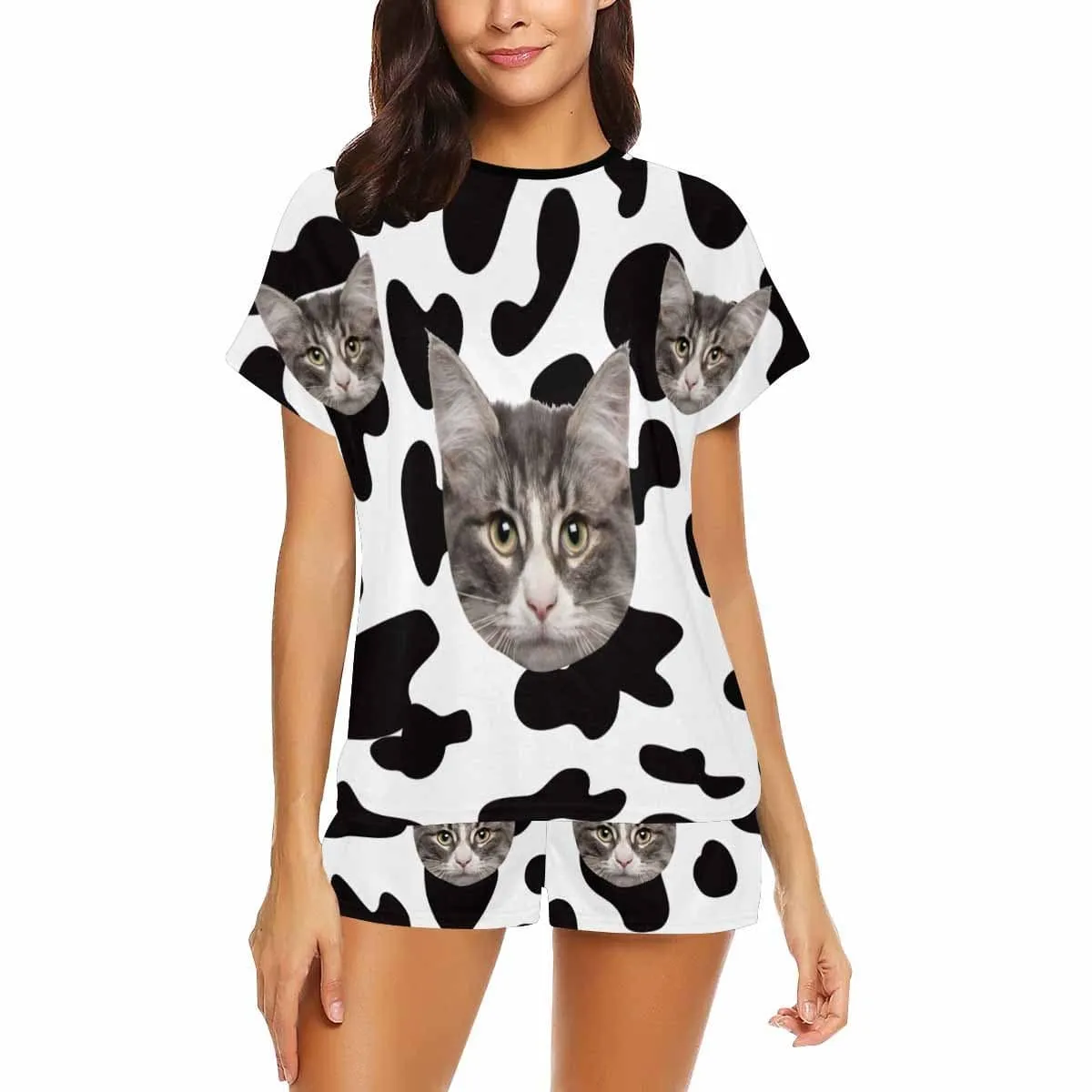 Custom Face Pajamas Cow Kitty Sleepwear Personalized Women's Short Pajama Set Pet Lover Gift