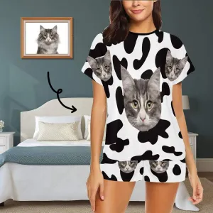 Custom Face Pajamas Cow Kitty Sleepwear Personalized Women's Short Pajama Set Pet Lover Gift