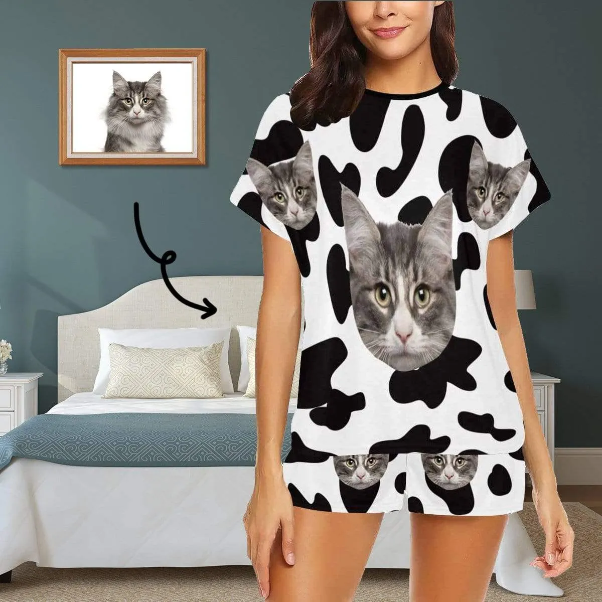 Custom Face Pajamas Cow Kitty Sleepwear Personalized Women's Short Pajama Set Pet Lover Gift