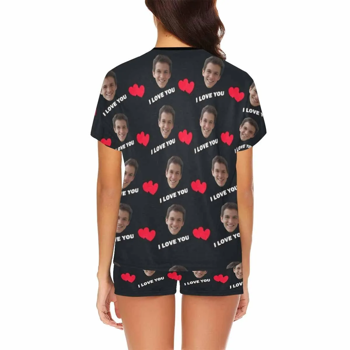 Custom Face Pajamas I Love You Loungewear Personalized Black Women's Short Pajama Set Honeymoon Anniversary Gift